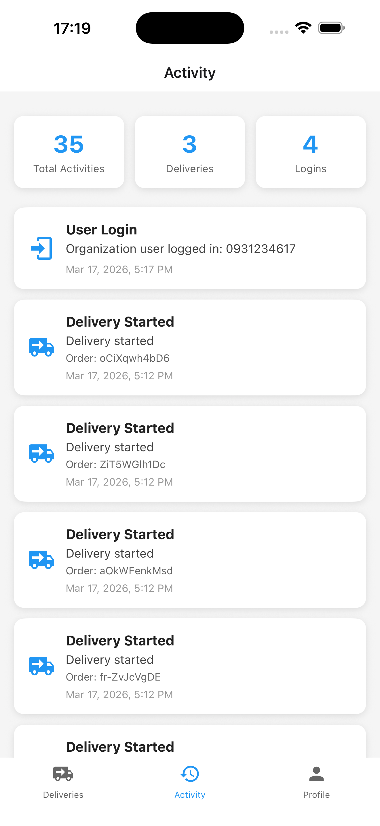 Lịch sử hoạt động tài xế — theo dõi đăng nhập, bắt đầu giao và hoàn thành đơn real-time