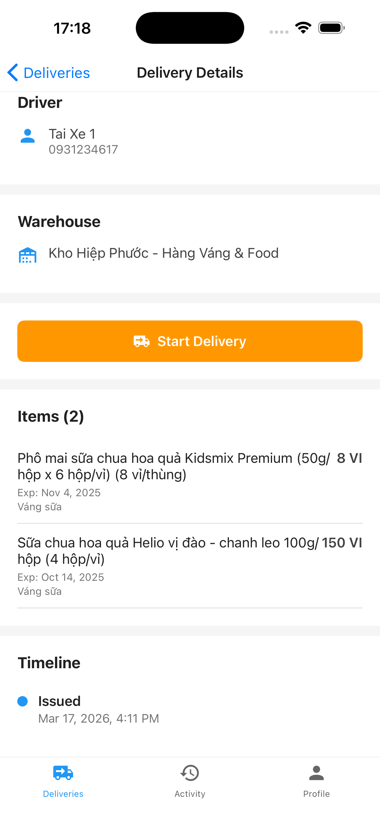 Chi tiết đơn giao hàng — thông tin kho, danh sách sản phẩm và timeline giao hàng trên app DQL Tài Xế